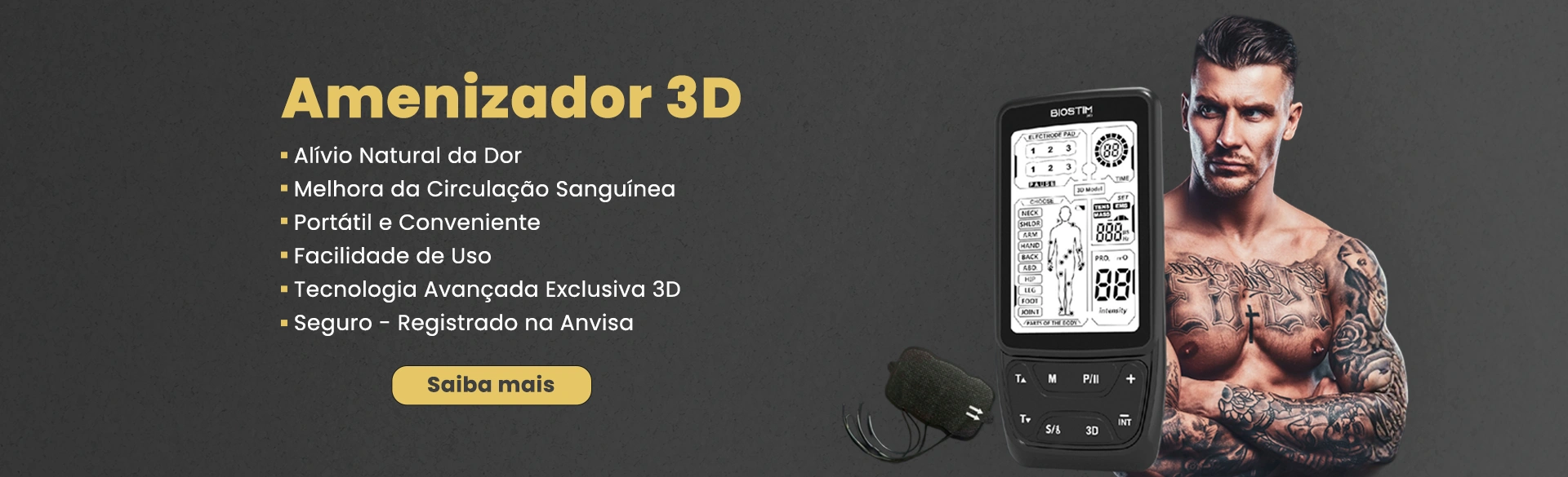Biostim 3D - Amenizador - Aparelho para Alívio de Dor na Tatuagem Tattoo - Bioset